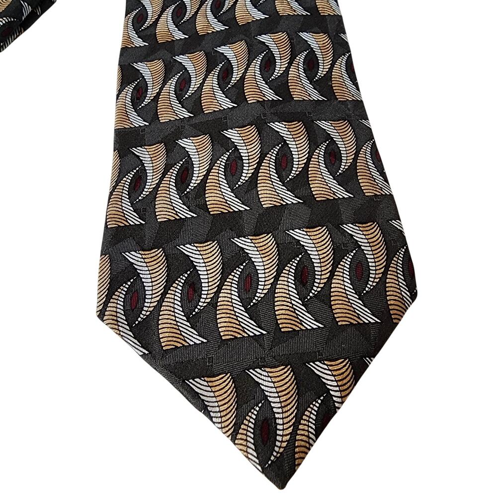 FN Fashion Neckwear Tie Mens Wide Necktie Silk Geometric Design Gray Gold 4"x57"